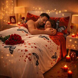 Valentine Bed Sheets Set 4 Piece Set Deep Pocket Sheets Queen & King Red & White